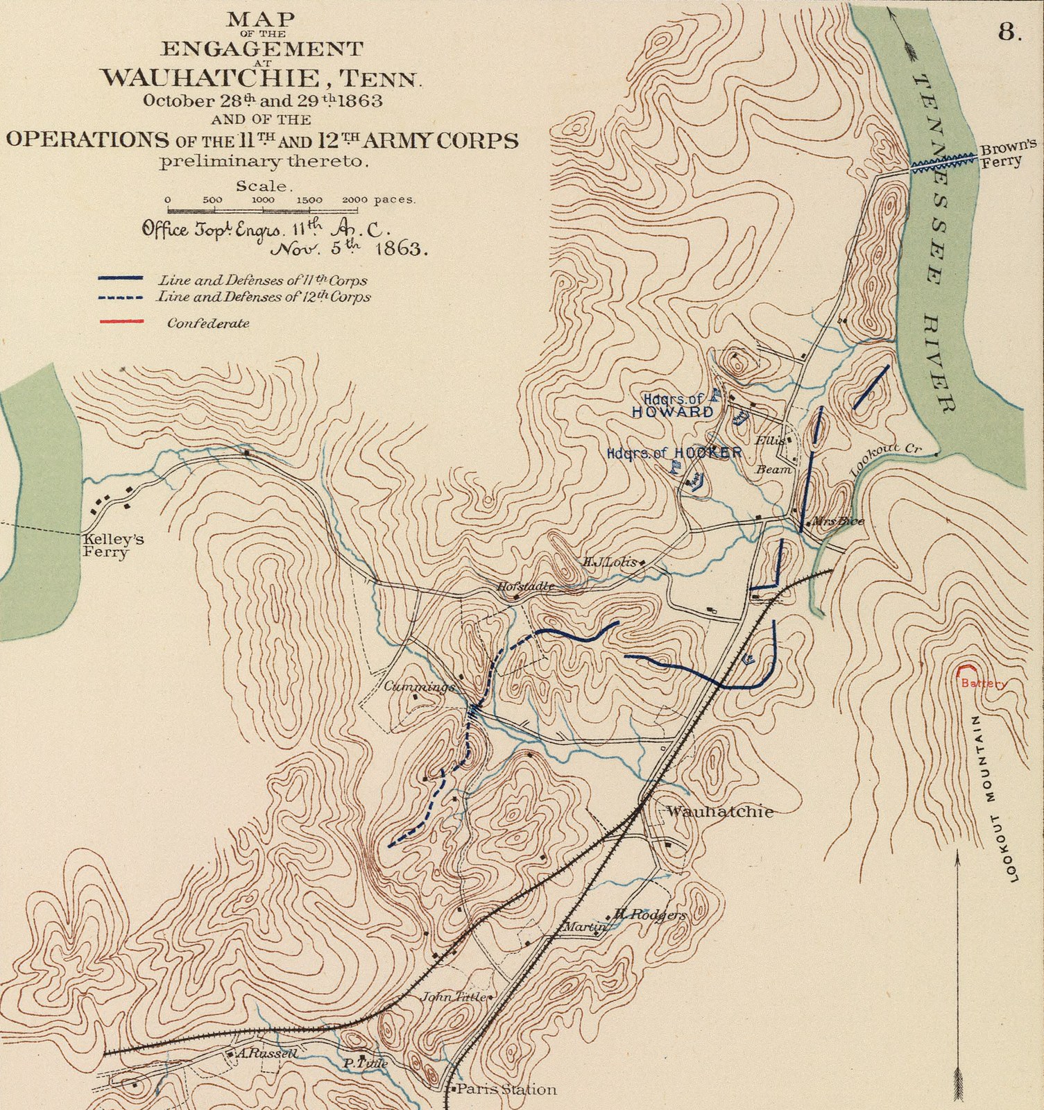 An 1895 U.S. War Department map of the operations of the 11th and 12th Army Corps around Wauhatchie and Lookout Valley in late October 1863, showing the Tennessee River, Kelley's Ferry, Brown's Ferry, and Chattanooga