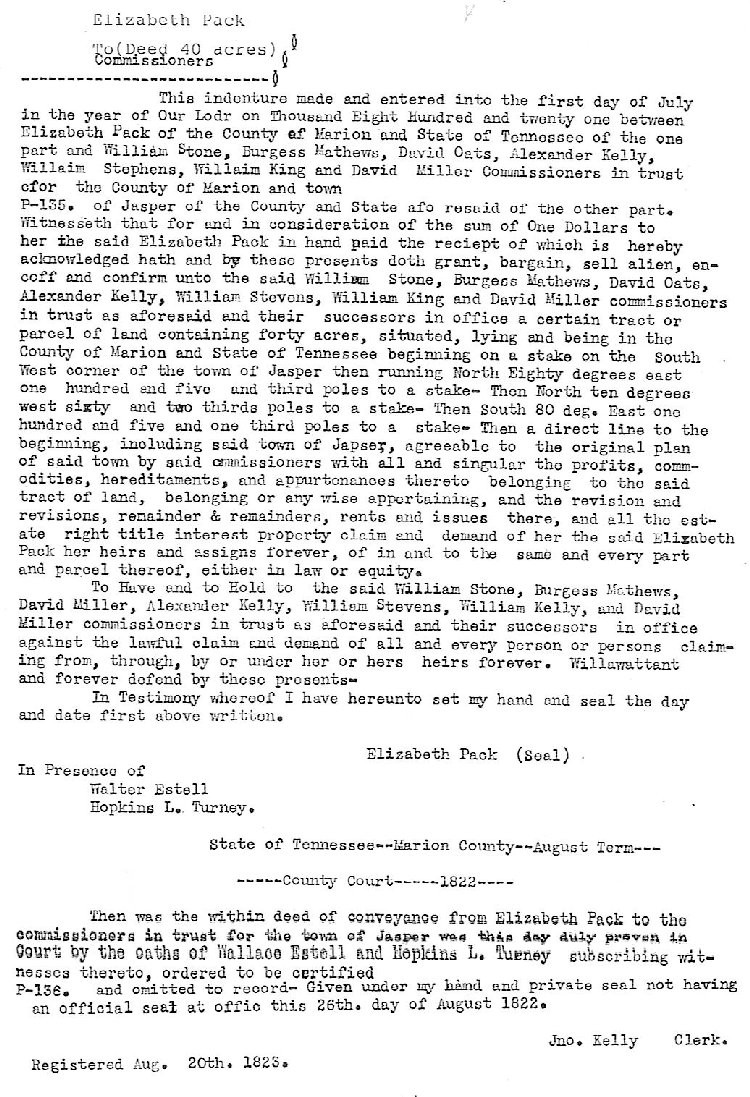 Betsy Pack's deed donating the Jasper town site, 1820