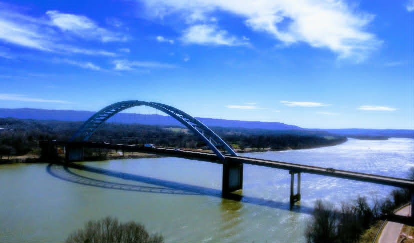 Aerial view of the Shelby Rhinehart Bridge over the Tennessee River