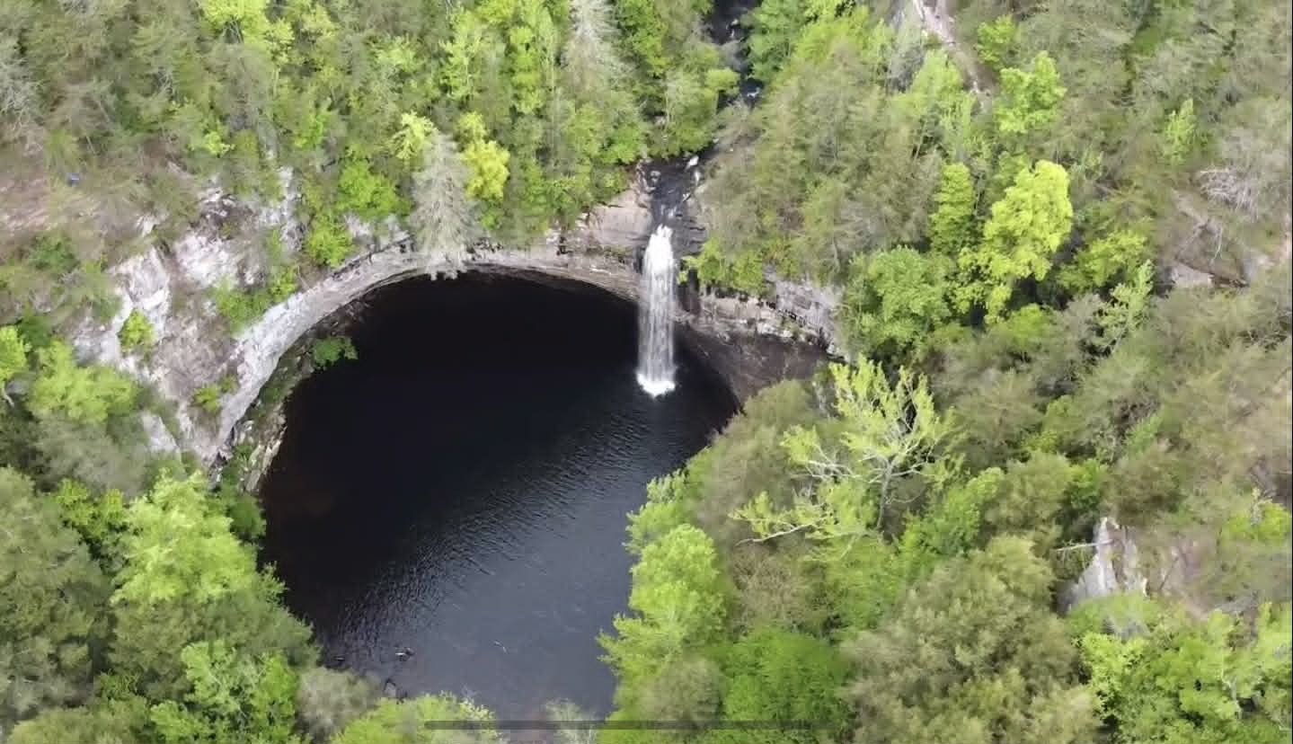Aerial view of Foster Falls plunging into the gorge