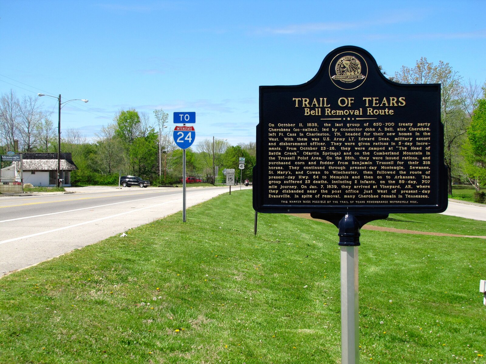 Trail of Tears (Bell Route) marker along U.S. Route 41 in Monteagle, Tennessee, marking the overland route of the John Bell detachment of 1838
