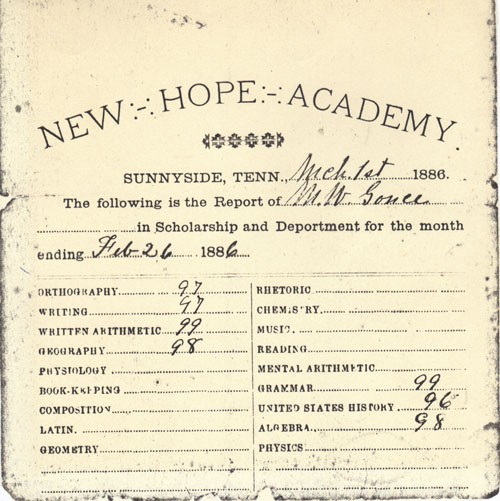 New Hope Academy report card, 1886