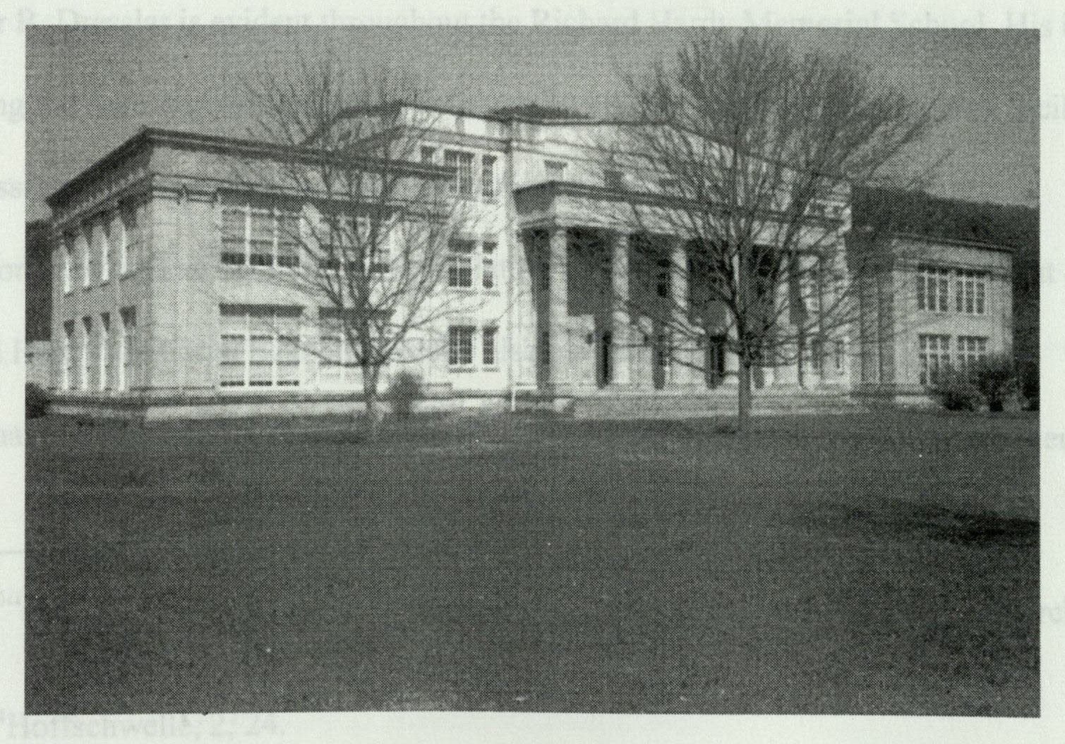 Historical photograph of the Richard Hardy Memorial School front facade with its Doric portico