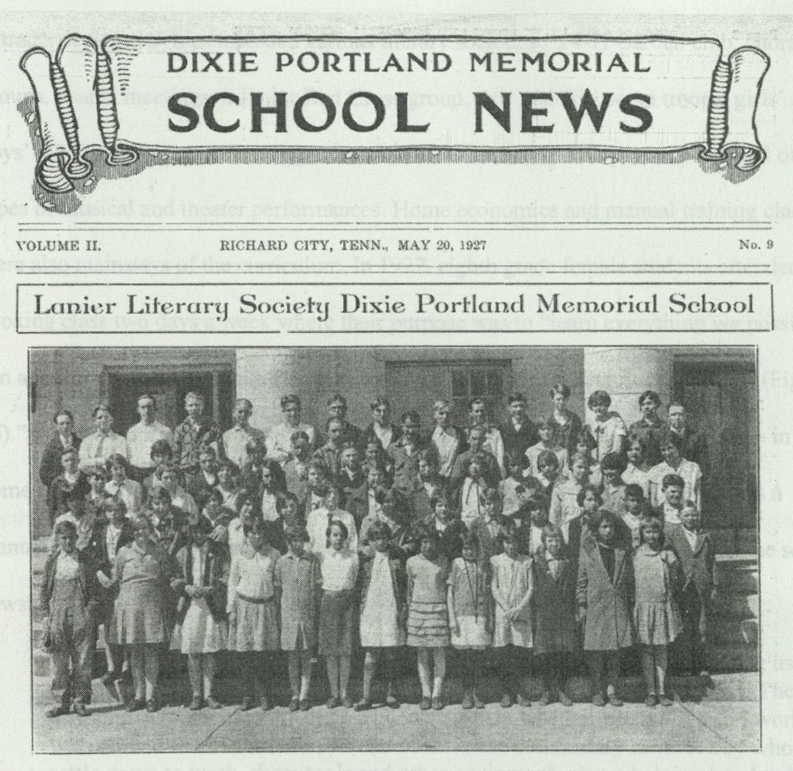 Front page of the Dixie Portland Memorial School News dated May 20, 1927, with a large photograph of the Lanier Literary Society group on the front steps