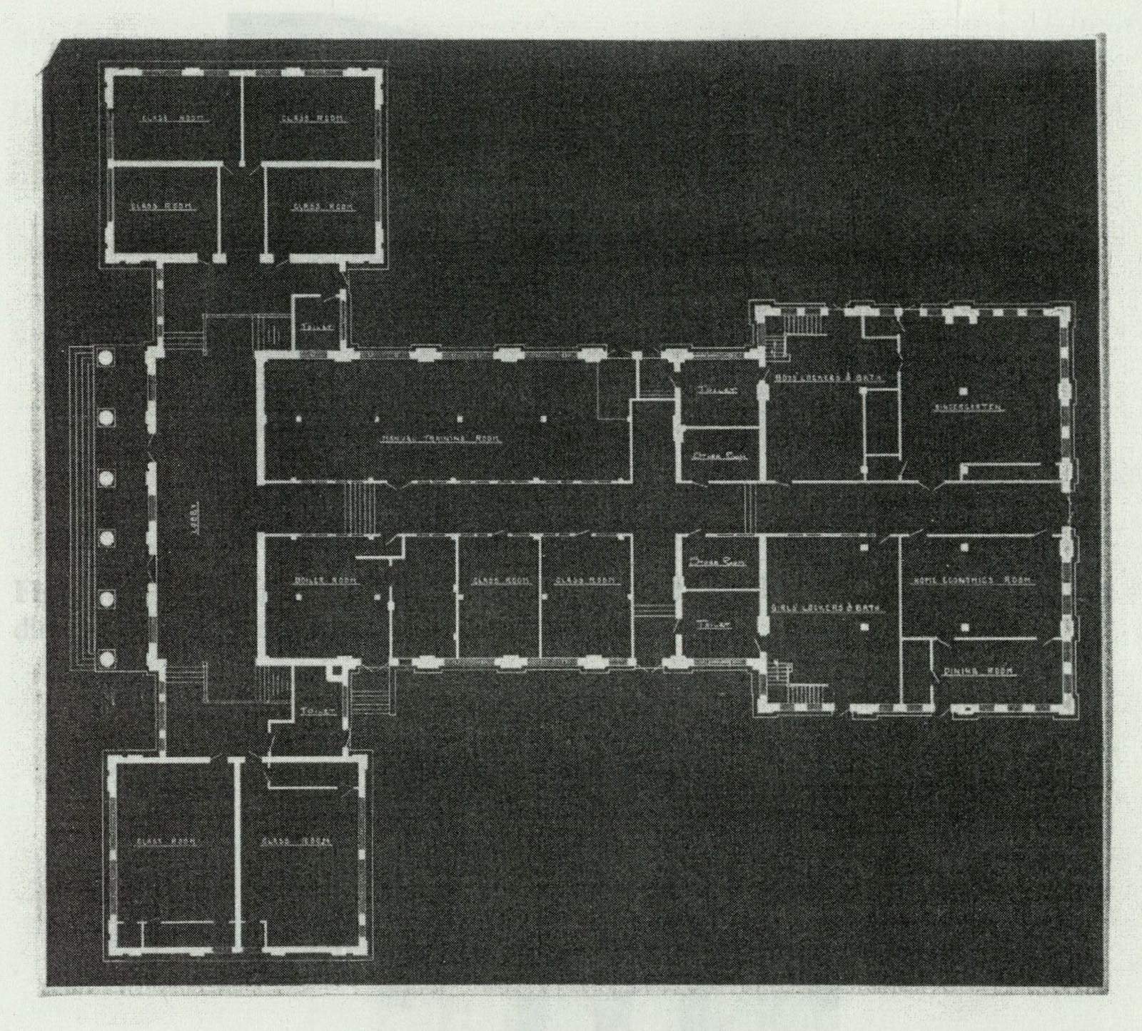 Architectural floor plan showing the T-shaped first floor of Richard Hardy Memorial School with room labels