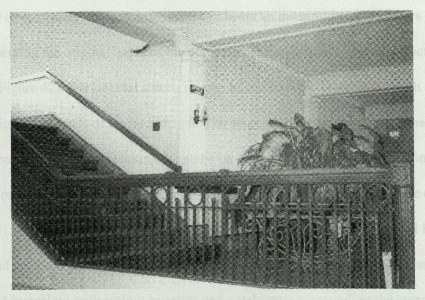 Interior stairwell with cast iron stair rails and solid oak handrails rising to the second floor