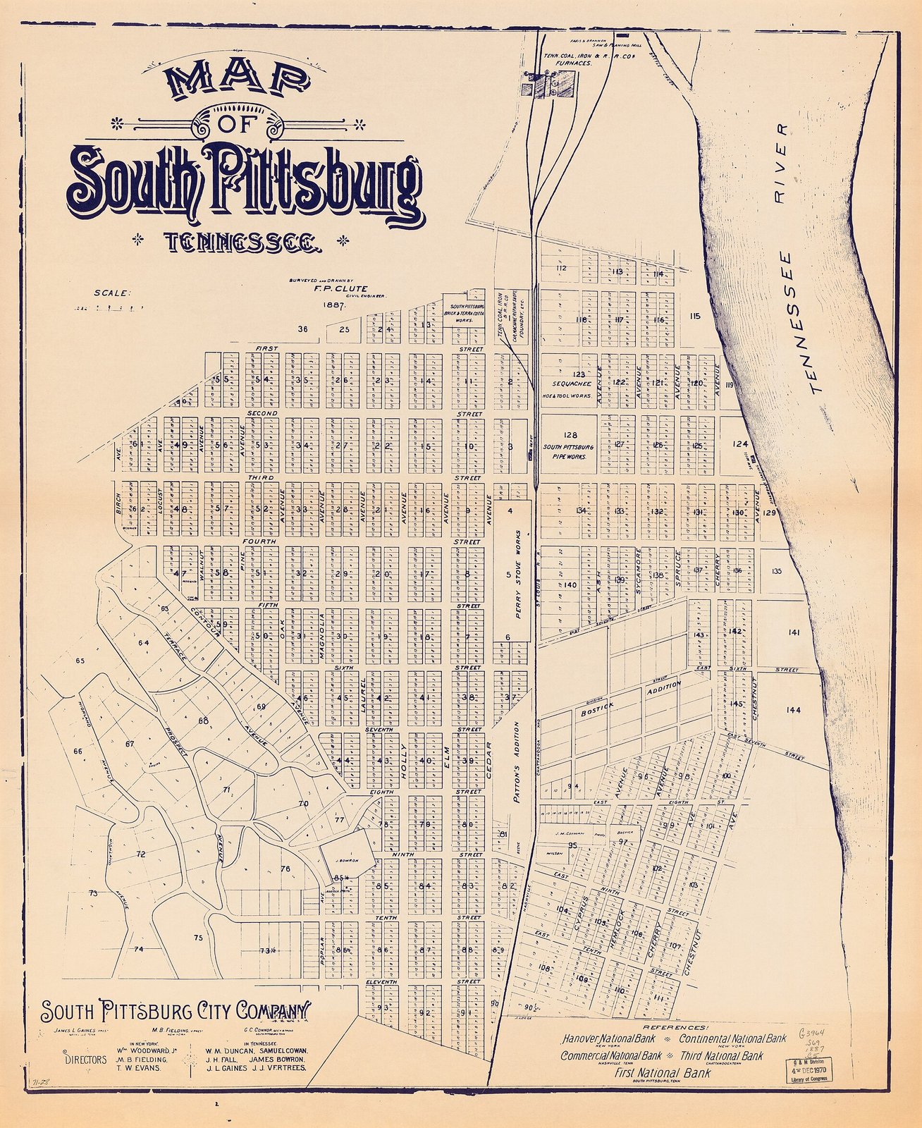 1887 lithographed map of South Pittsburg by the South Pittsburg City Company