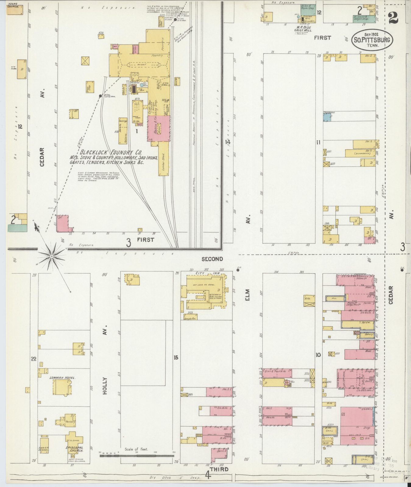 1902 Sanborn fire-insurance map of the Cedar Avenue commercial core, South Pittsburg