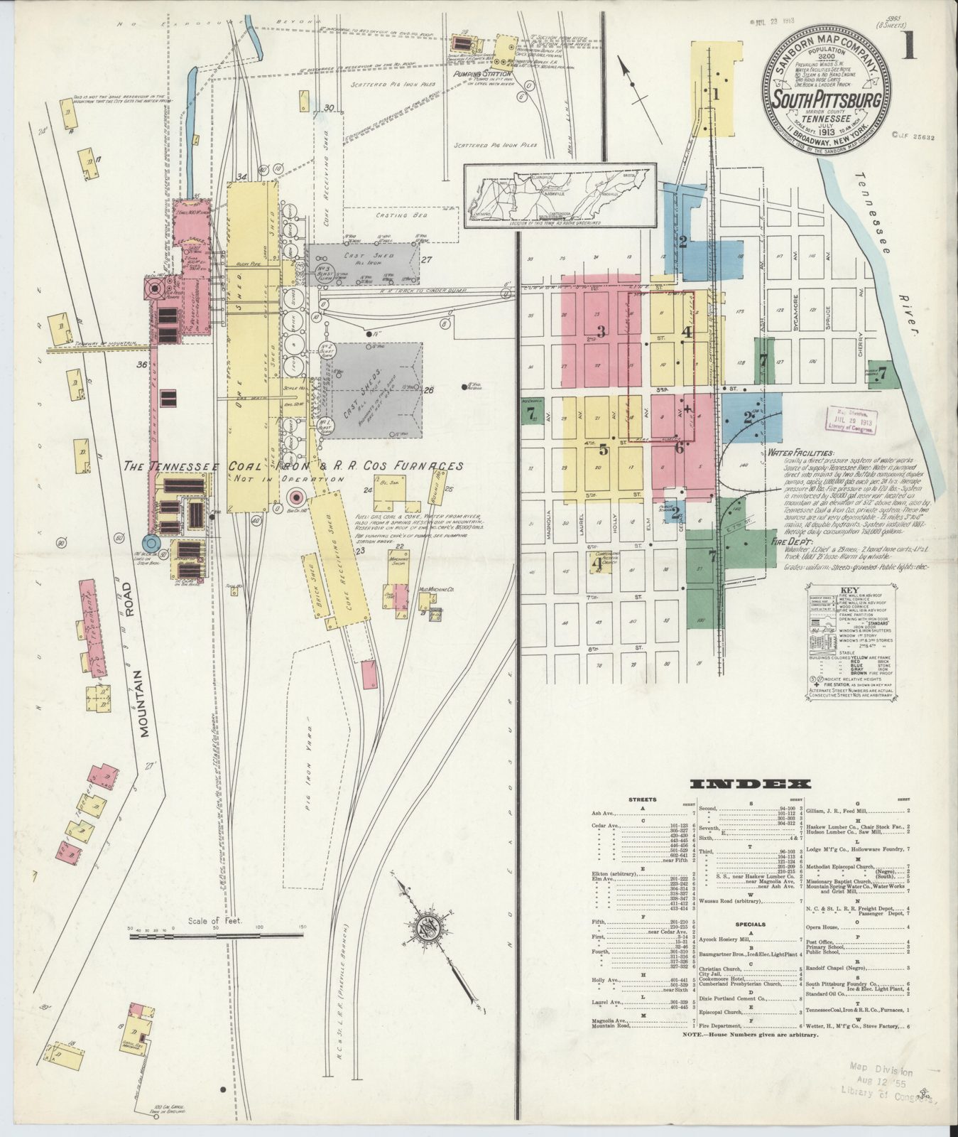 1913 Sanborn fire-insurance map of South Pittsburg, furnaces idle