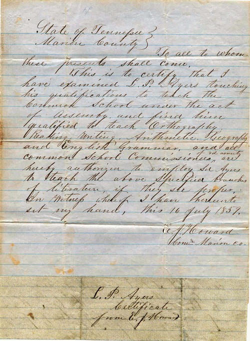 1859 teaching certificate, Marion County