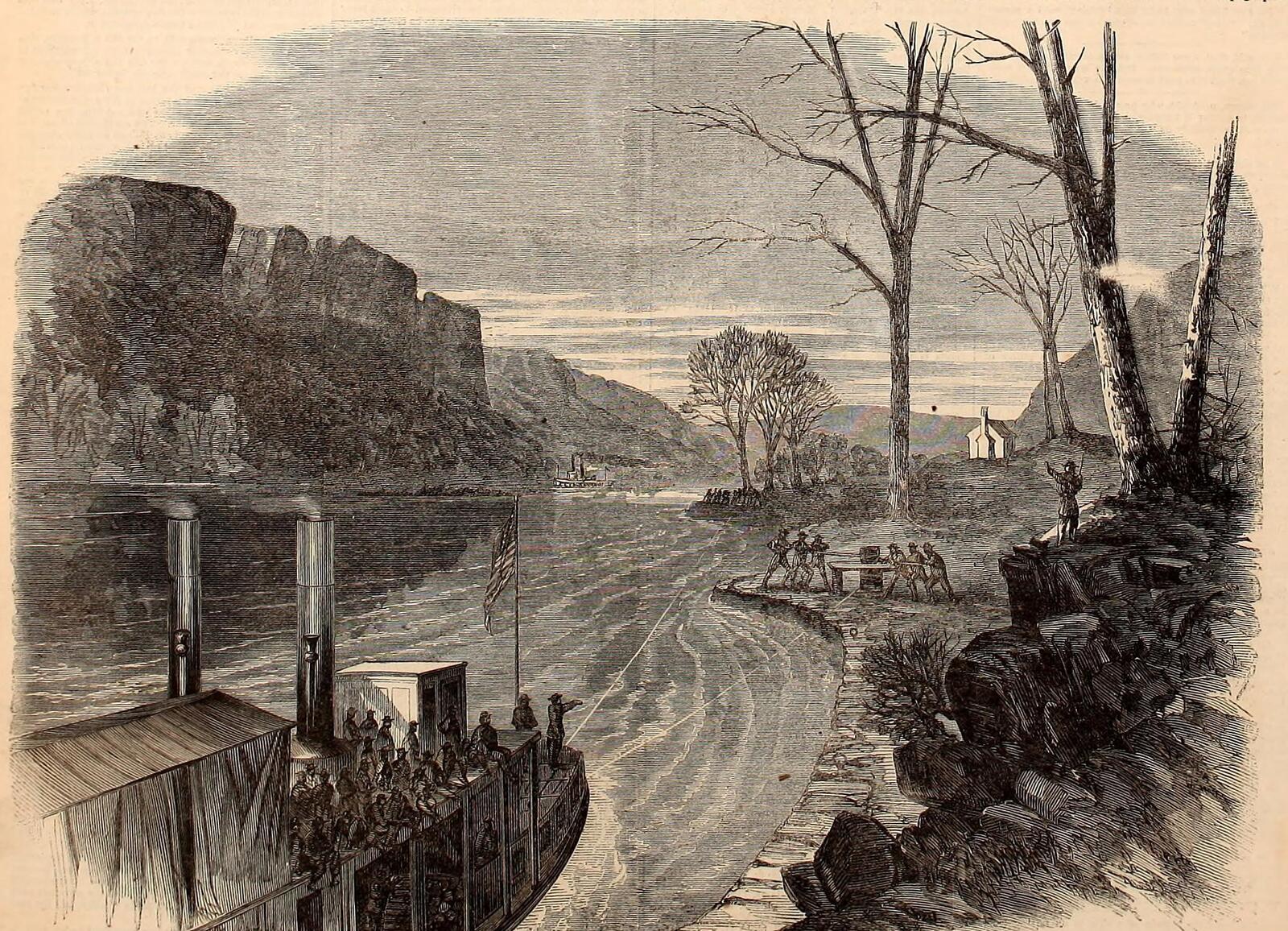 An 1864 Harper's Weekly illustration of The Suck rapid on the Tennessee River, the historic obstruction at the mouth of Suck Creek before 20th-century impoundment